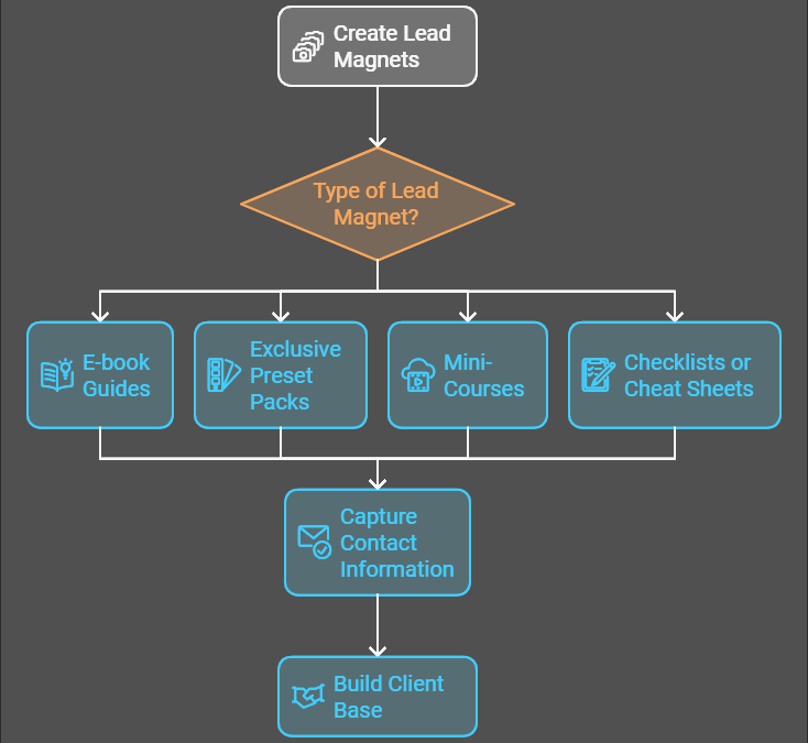 Create Lead Magnets Type of Lead Magnet? Exclusive Preset Packs E-book Guides Mini-Courses Checklists or Cheat Sheets Capture Contact Information Build Client Base