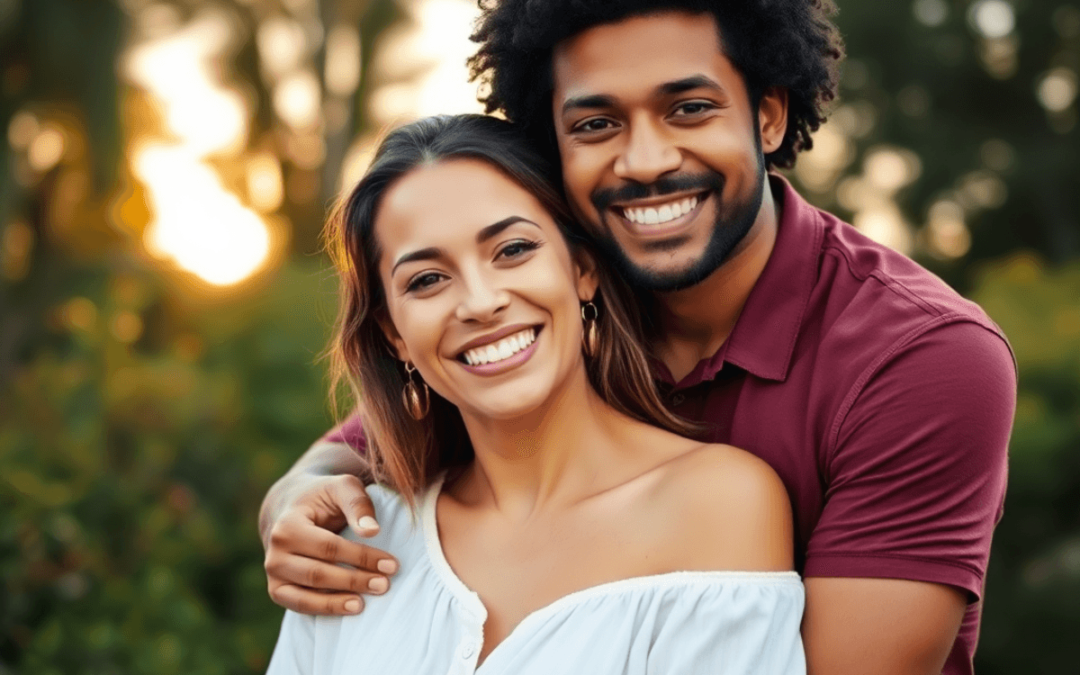 A couple embraces in a lush outdoor setting, surrounded by greenery and soft sunset light, showcasing their joyful connection and love for each other.